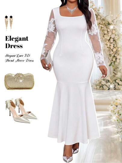 Fleurora Plus Size Women Lace Patchwork Elegant Waist Cinched Party Mermaid Dress