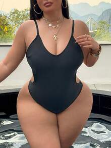 Swim SXY Plus Size One-Piece Swimsuit For Women, Solid Color Backless Drawstring Sexy Monokini, Summer - Black - View 4