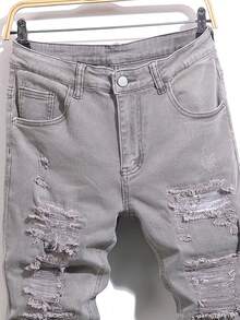Manfinity Roughcore Men's Solid Color Belted Ripped Fashionable Versatile Casual Jeans - Dark Grey - View 3