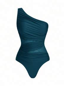 Swim Oasis Traje de baño de una pieza con panel de malla fruncida de unicolor y falda pareo - Lavado ligero - Ver 6