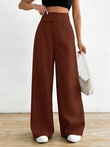 Almamuse 女士纯色高腰阔腿宽松休闲裤 - 棕色 - 查看 3