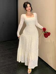 DAZY 春夏白色蕾丝连衣裙，优雅迷人，适合情人节、婚礼、派对、宴会、时尚活动等场合，修身剪裁，透视网纱，鱼尾下摆，长袖中长连衣裙，女士吊带裙 - 杏色 - 查看 4