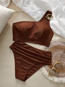 Swim Chiccia Bộ đồ bơi tankini nữ màu trơn với phụ kiện vòng kim loại trang trí, thích hợp mặc đi biển vào mùa hè. - màu nâu - Xem 5