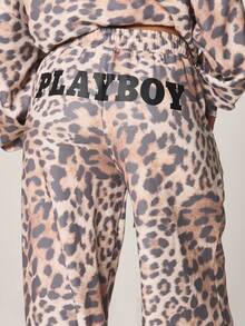 Missguided x Playboy Leopard Print Wide Leg Drawstring Sweatpants With Logo Detail Relaxed Fit Loungewear Comfortable Casual Pants Fall Winter Joggers - Multicolor - View 4