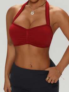 Rhythm Era Soutien-gorge de sport à dos nageur froncé de couleur unie pour grandes tailles - Rouge foncé - Voir 4