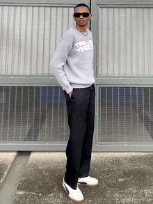 Ngobest Haus Ngobest Haus Men's Sweater, Warm For Autumn And Winter, European And American Style, Unisex, Loose Fit, Business Casual, High Street, Niche Design, Long Sleeve, Drop Shoulder, Minimalist Crew Neck Knit Top - Grey - View 4