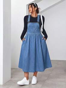 SHEIN EZwear 大码纯色休闲牛仔连衣裙 - 淺色水洗藍 - 查看 5