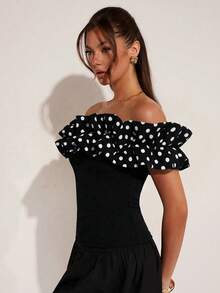 COSMINA Women's Elegant Black And White Polka Dot Off-Shoulder Puff Sleeve Top,Summer Chic Ruffle Contrast Color Fashion Top For Date Night,Office,Party - Black and White - View 3
