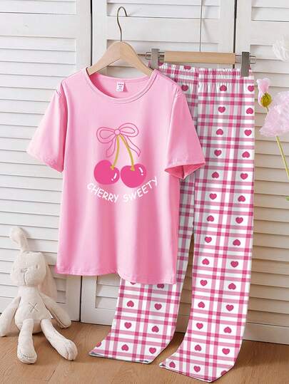 SHEIN 1 Set Tween Girls Pajamas, Pink Cherry Print Knit Crew Neck Top & Elegant Red Plaid Shorts, Spring/Summer
