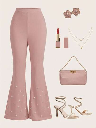 Ellevyn Women's Elegant Faux Pearl Decor Elastic Waist Flare Pants