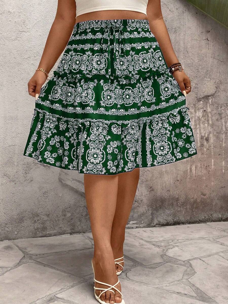 EMERY ROSE Plus Size Women Holiday Casual Allover Print Tie Waist Skirt - Dark Green - View 1