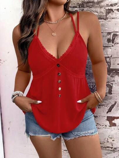 EMERY ROSE Plus Size Women Solid Color Contrast Lace Button Design Fashion Camisole