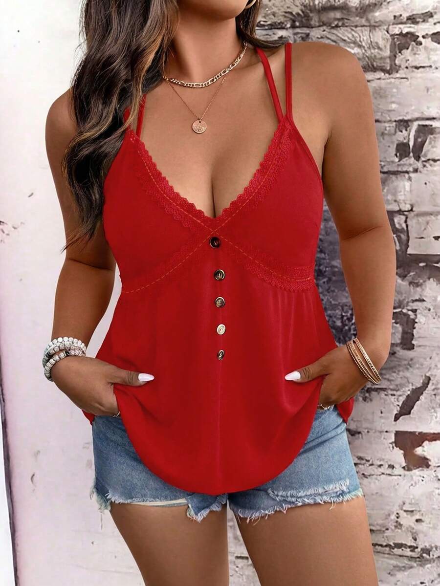 EMERY ROSE Plus Size Women Solid Color Contrast Lace Button Design Fashion Camisole - Red - View 1