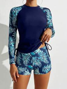 Swim Lushoire Women's Random Leaf Print Long Sleeve Zipper Vest & Spaghetti Strap Bikini Set, Beach Vacation - Multicolor - View 4