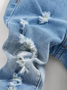 SHEIN Celana Jeans Slim Fit Bergaya untuk Bayi Laki-laki, Model Stonewashed, Sobek, Berumbai, Elastisitas Tinggi, Cocok untuk Pakaian Luar dan Sehari-hari Bayi di Musim Gugur/Musim Dingin - Light Wash - View 3