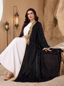 SHEIN Najma Abaya elegante de manga larga para mujer de talla grande, con bordados, lentejuelas y patchwork, estilo del Medio Oriente - Negro - Ver 3