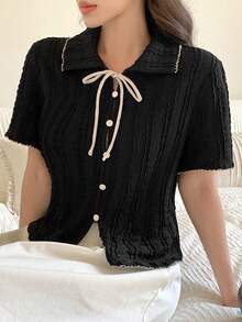 FRIFUL Women's Polo Collar Open Front Bow Tie Decor Loose Short Cute T-Shirt - Black - View 5