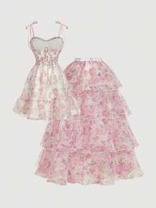 SHEIN MOD 大码优雅印花吊带连衣裙和网纱半身裙套装 - 粉色 - 查看 11