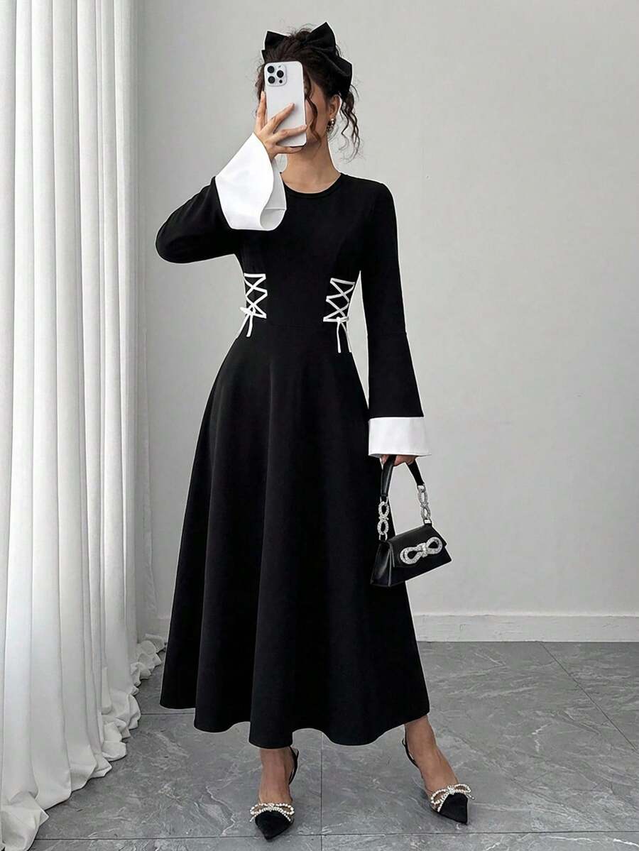 Teen GirlMiddle Eastern Style Waist Cinched Elastic Knit Dress, Elegant For Party And Urban Occasions - Black - View 1