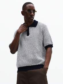 SUMWON Men's Relaxed Quarter Zip Textured Knit Polo Shirt With Geometric Pattern Navy Collar Trim Short Sleeve - Baby Blue - View 6