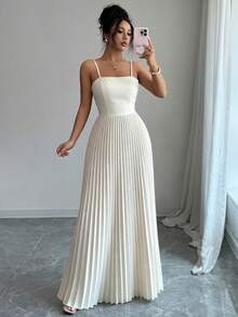 Elenzga Đầm không tay dáng suông thanh lịch tối giản màu trơn dành cho nữ, có xếp ly, thích hợp cho mùa hè. - Màu be - Xem 5