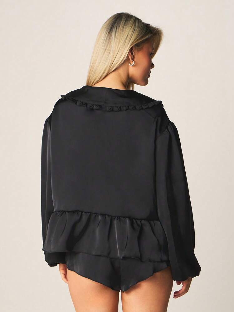 MISSGUIDED Tie Front Ruffled Pajama Set With Oversized Sleep Shirt And Matching Shorts