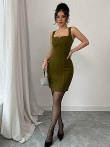 Elenzga Sleeveless Square Neck Waist Cinched Minimalist Elegant Women Bodycon Dress - Army Green - View 7