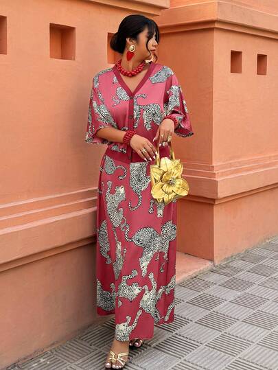 Weeklong Red Leopard Print Two Pieces Set (Top & Midi Skirt) - Elegant For Parties, Fashionable & Plus Size, Women's Spring & Summer Outfit