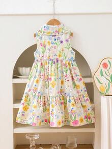 SHEIN Elladie kids 女童碎花印花翻领无袖A字连衣裙，优雅甜美风格，适合日常穿着和度假。 - 彩色 - 查看 2