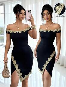 SHEIN Elenzya Elegant Romantic Off-Shoulder Ruffle Asymmetric Hem Bodycon Dress For Women - Black - View 1