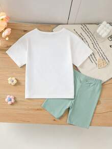 SHEIN 女童宽松圆领短袖T恤，印花图案+“ONE BEST DAY”字样，搭配浅绿色短裤，休闲印花夏季女童装扮 - 白色 - 查看 2