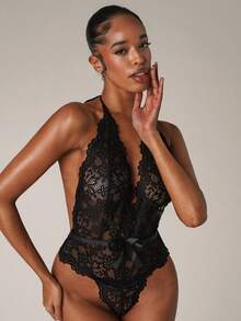 SHEIN BAE Floral Lace Plunging Neck Bow Front Teddy Bodysuit Lingerie Bow Tie, Baddie Look - Black - View 5