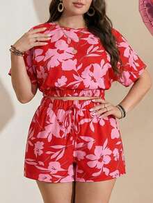Comfylo 大码印花上衣短裤两件套，休闲度假装 - 紅色 - 查看 2