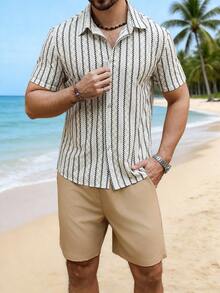 VENTUSAIL Bộ áo sơ mi ngắn tay cài một hàng khuy và quần short nam dáng rộng, màu trơn, thích hợp cho kỳ nghỉ, bãi biển, sinh hoạt hàng ngày, trang phục mùa hè cho nam, bộ 2 mảnh mùa hè, áo sơ mi phong cách Boho. - Nhiều màu - Xem 3