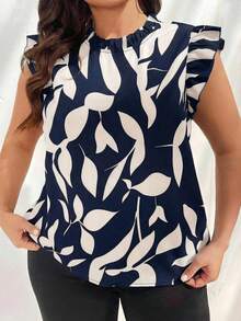 Firerie Elegant Floral Print Flutter Sleeve Blouse, Plus Size, Versatile For Work, Commute, Vintage Academic Style, Women, Spring/Summer - Navy Blue - View 3
