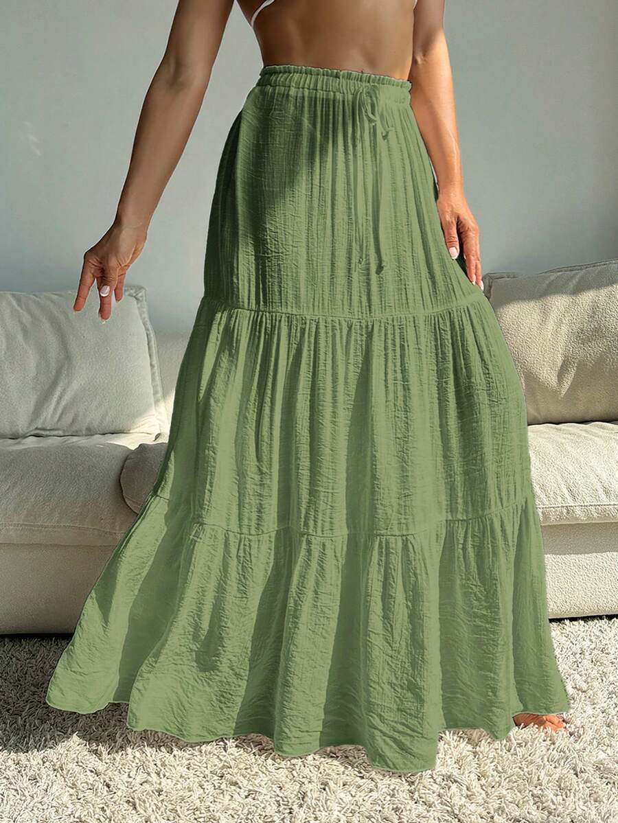 Swim Vcay 女士夏季服装 女士夏季雪纺叠层罩衫带裙，纯色 - 綠色 - 查看 1