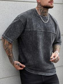 SLATEMANN 男士加大码休闲圆领落肩短袖T恤，夏季 - 黑色 - 查看 3