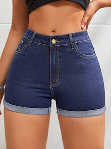 SHEIN ICON Solid Color Slant Pocket Skinny Button Casual Versatile Denim Shorts - Dark Wash - View 4