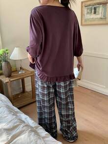 Dazy Plus Plus Size Women Solid Color Round Neck Ruffle Hem Top And Plaid Pants Pajama Set Summer - Purple - View 5