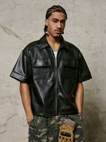 PAVTROS Men's Hip Hop PU Loose Short Sleeve Zip-Up Shirt - Black - View 5