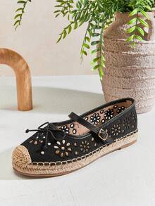 Solezae Women's Elegant Floral Cut-Out Round Toe Mary Jane Flat Espadrilles - Black - View 6