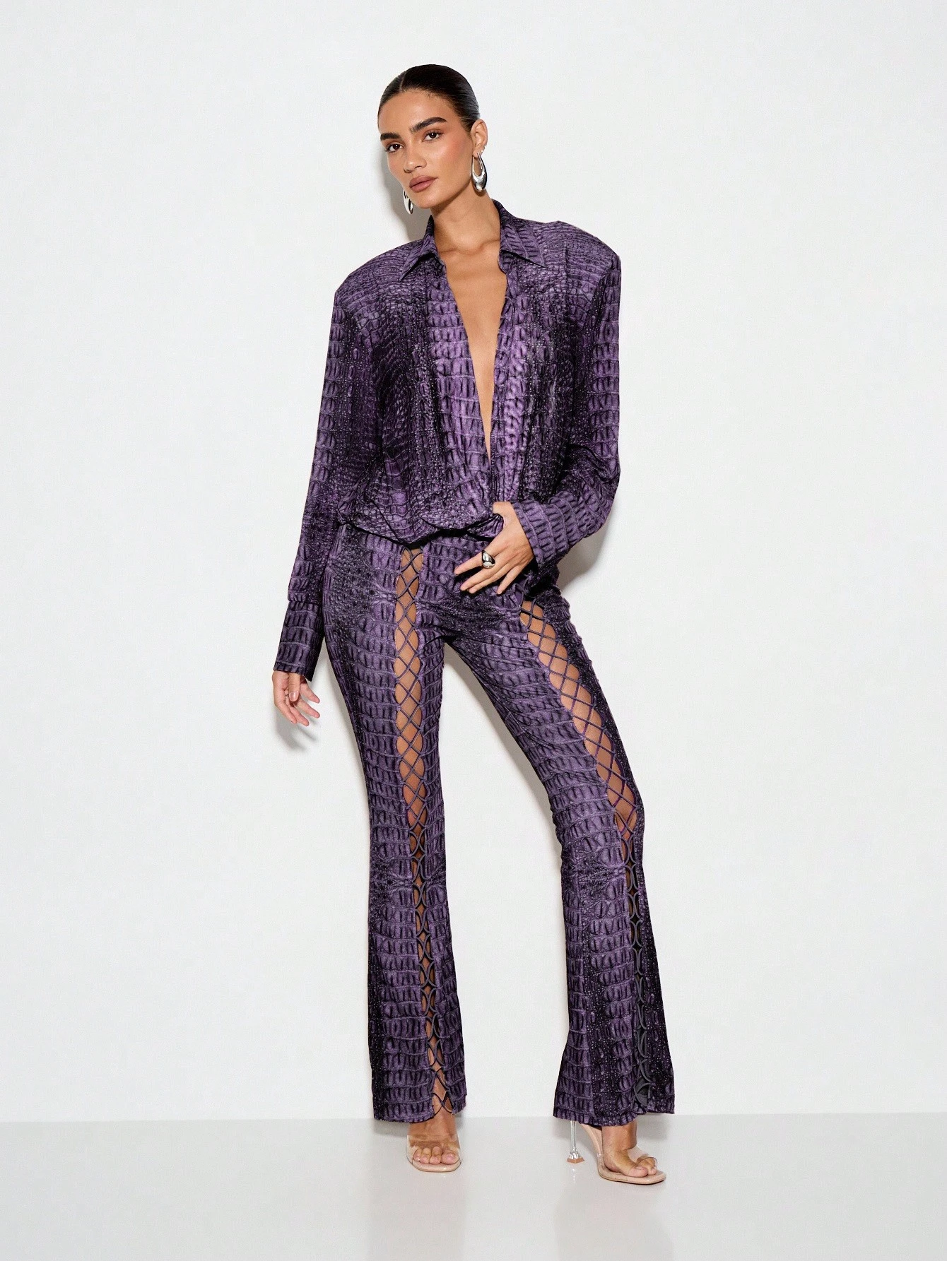 KIZN Textured Scale Print Bodysuit With Mesh Panel Collar