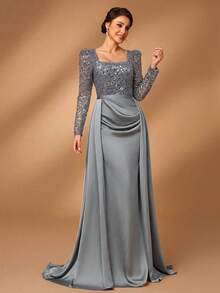 Serin Đầm maxi dài tay dáng đuôi cá sang trọng, thanh lịch với họa tiết ngọc trai và sequin, chất liệu satin xuyên thấu, phù hợp cho đám cưới, tiệc tùng, kỳ nghỉ, dạ hội, hoặc làm đầm cho mẹ cô dâu (đính kết cầu kỳ). - Xám - Xem 6