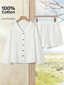 EMERY ROSE 女士度假休闲纯色喇叭袖衬衫和短裤两件套 - 白色 - 查看 5