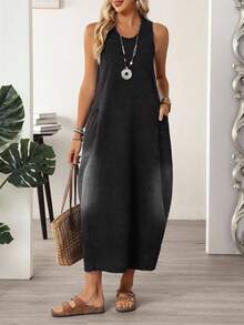 EMERY ROSE Đầm denim dài dáng rộng, không tay, cổ chữ U, dây đeo bản rộng, có túi, dành cho người có thân hình đầy đặn, thích hợp cho mùa hè. - màu đen - Xem 6