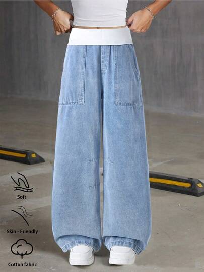 Tween Girls Denim Jeans, Suitable For Spring, Summer, Autumn And Winter. Medium Wash Blue, Y2K Streetwear Style, Casual And Versatile. All-Match Simple White Ribbed Elastic Waistband, Patch Pockets, Relaxed Wide Leg, Soft And Comfortable Cotton Denim Fabric, Ideal For Daily Wear, Gatherings, School, Commuting. New Spring/Autumn Collection.