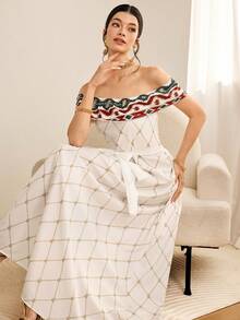 Al Najma Women's Retro Off-Shoulder Arabic Style Dress - White - View 6