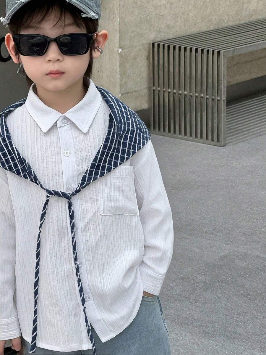 Dazy Kids 男童休闲度假通勤简约纯色宽松落肩长袖衬衫,适合春秋季穿着 - 白色 - 查看 1
