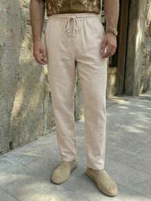 Manfinity VCAY 男士纯棉抽绳高腰裤纯色长款锥形裤度假休闲裤，适合送给老公、男朋友的礼物，秋季 - 米色 - 查看 8