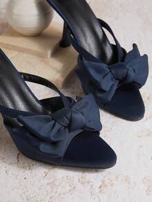 Enchnt Women's Bow Decor Pointed Toe Stiletto Heel Sandals, Party Style, Navy Blue Satin Material, Summer & Autumn - Navy Blue - View 3